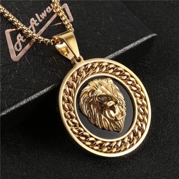 NEW Lion Cuban Link Pendant Gold Medallion Chain Necklace - Picture 1 of 5